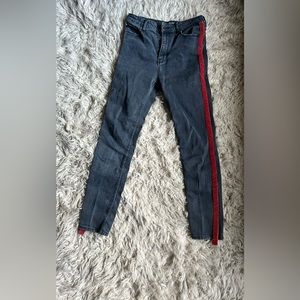 Zara • Red Velvet Side Stripe Black Denim Skinny Jeans